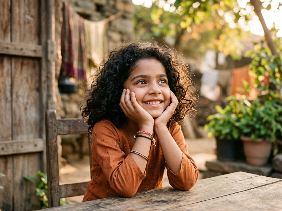 A smiling girl resting her chin on her hands at a wooden table outdoors