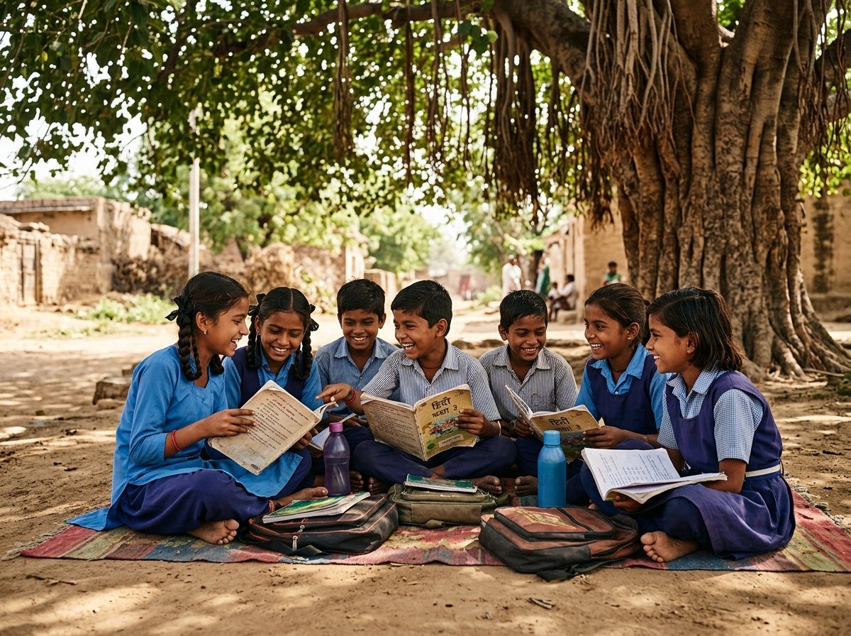 Children in school uniforms reading books together on a mat beneath a tree