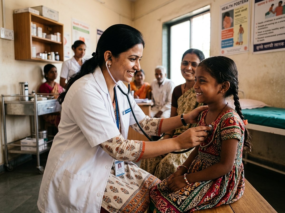 A doctor using a stethoscope to examine a smiling young girl in a clinic room