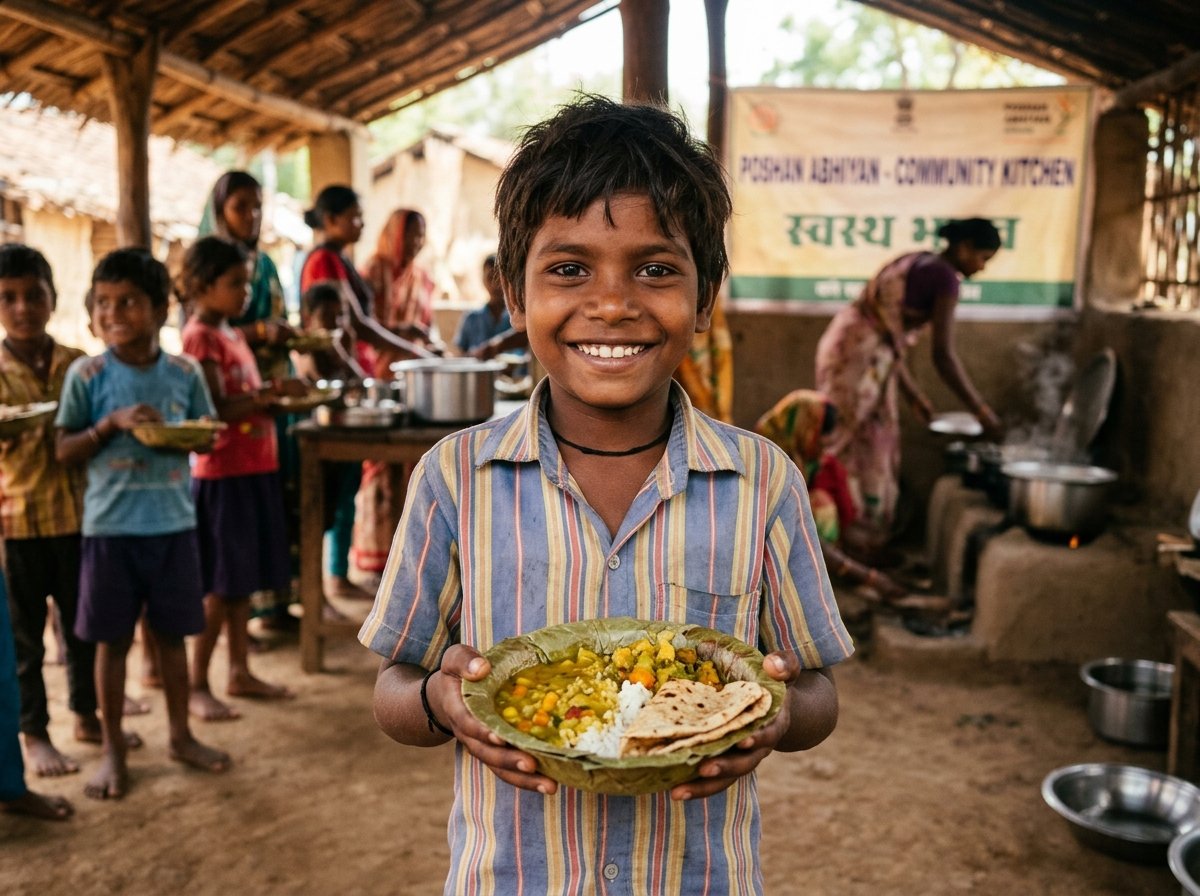 A smiling boy holding a leaf plate of food, with children queuing behind him