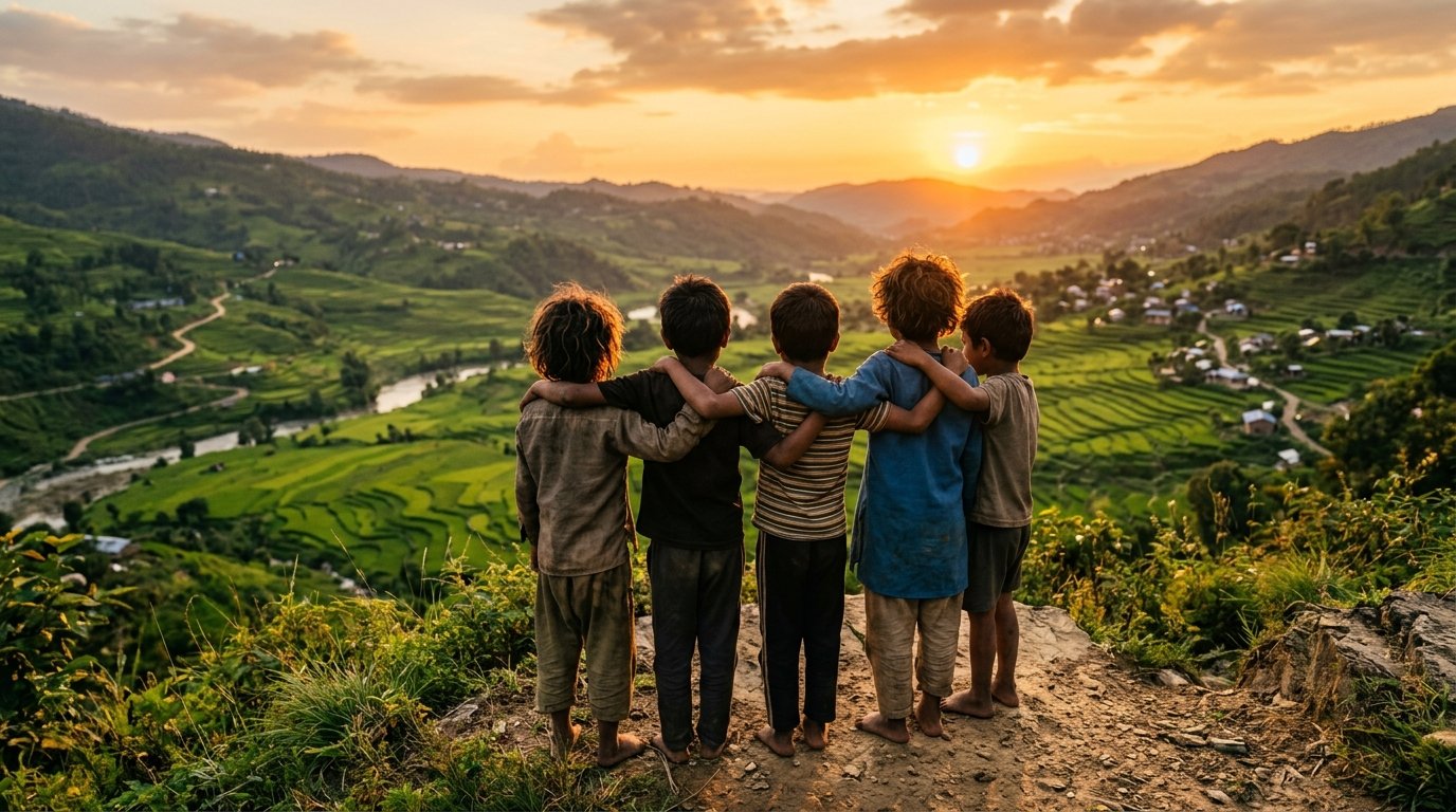 Representative image: children overlooking a valley at sunset