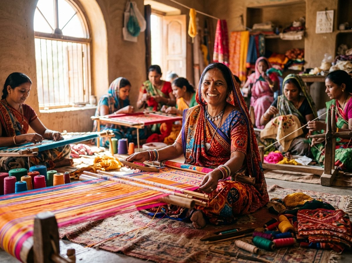Women working at handlooms and embroidery frames in a bright workshop